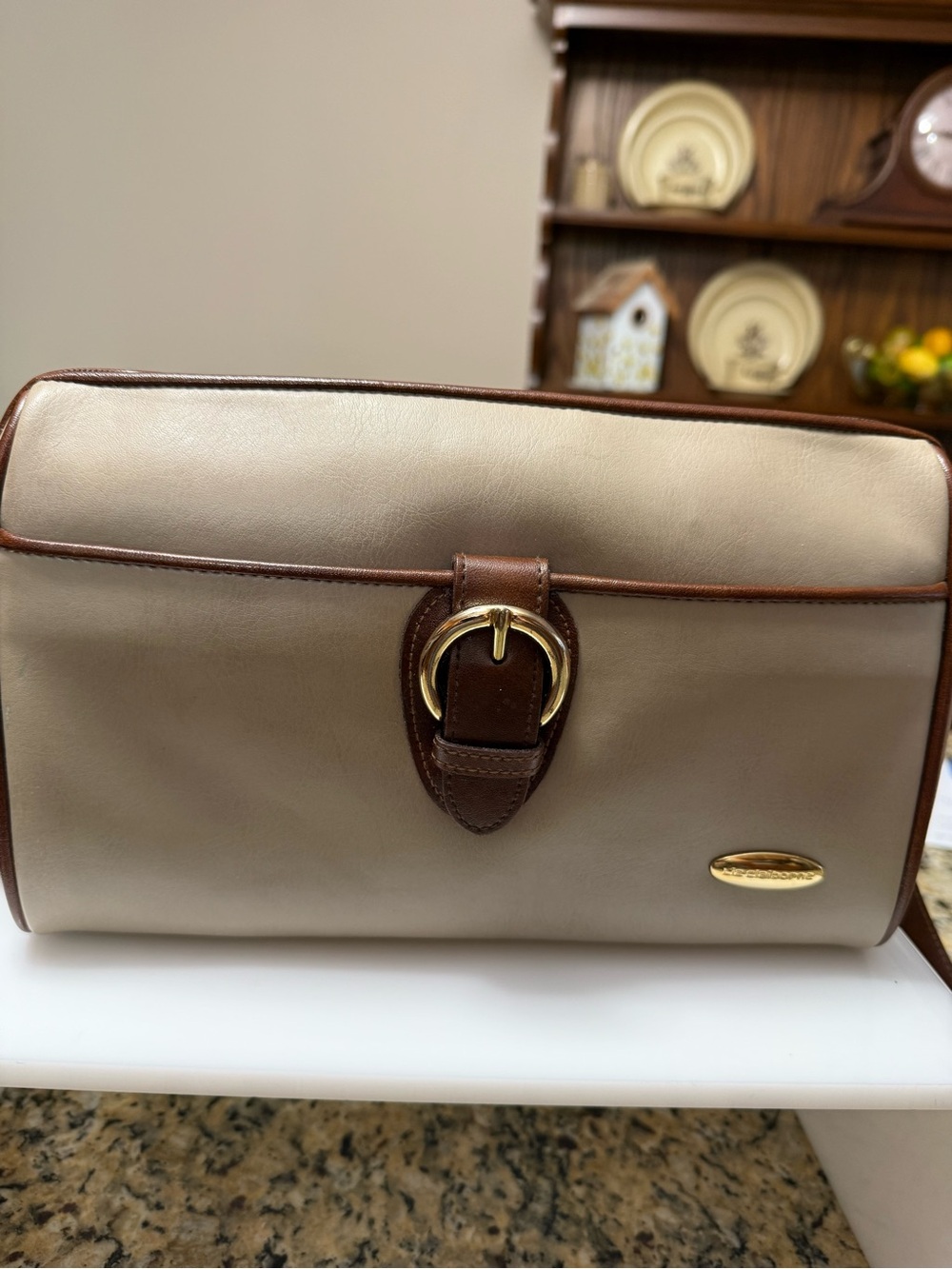 Liz Claiborne Taupe and Brown Leather Crossbody Clutch with Gold Accent